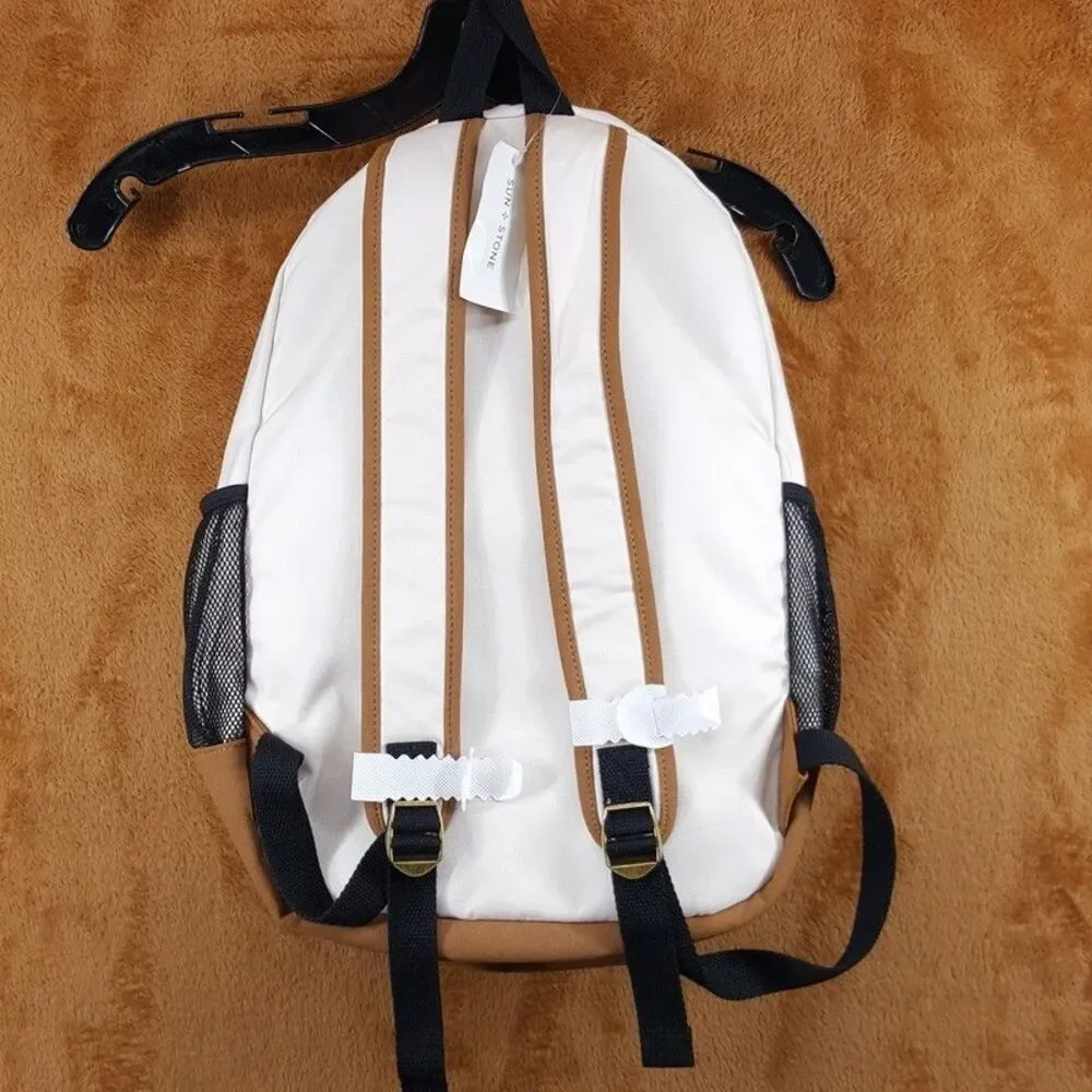 SUN + STONE White Tan Backpack Colorblock Canvas School Laptop Bookbag RILEY